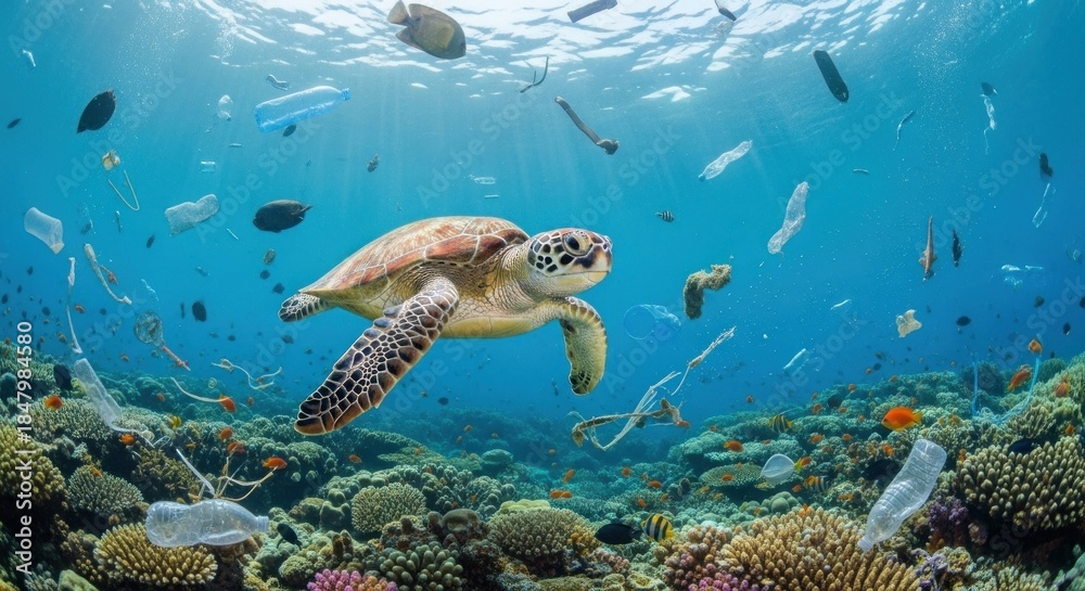 Fototapeta premium A sea turtle swimming in the ocean with plastic debris.