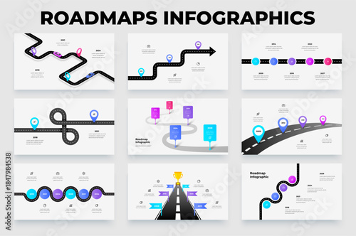 Roadmap infographic template for presentation, timeline path with milestones, journey progression diagram for planning, strategy, goals, yearly steps and business development slides