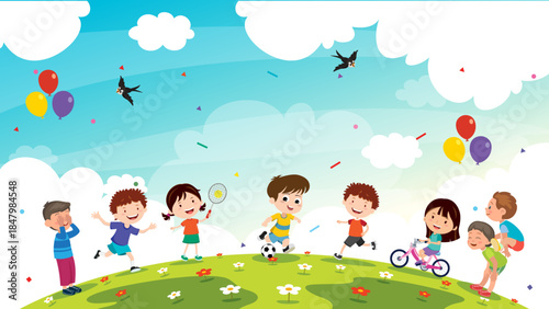 A vibrant illustration of diverse children playing happily outdoors on a grassy hill with balloons, birds, and confetti under a bright blue sky.