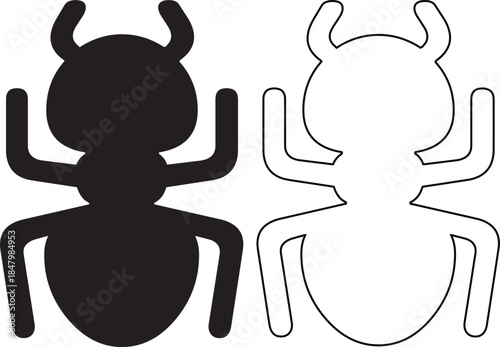 Simple Ant Icon Set with Solid Black Silhouette and Outline Version