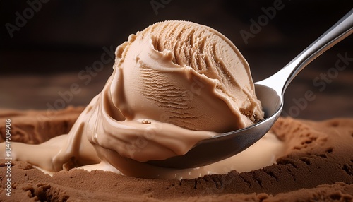 a spoonful of smooth light brown and creamy ice cream shows close up details of its luscious texture