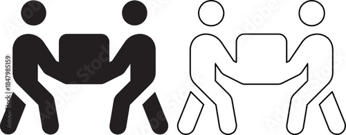 Two person team lifting heavy box icon set with solid and outline silhouette figures for logistics and manual labor concept