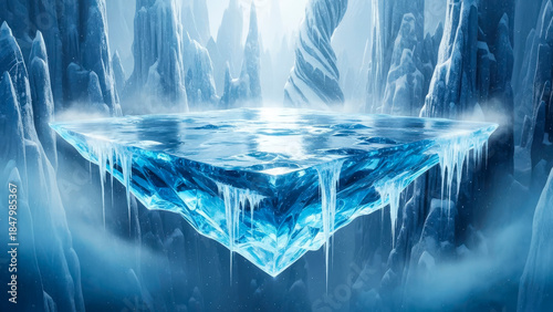 Floating ice platform in a frozen fantasy landscape