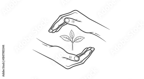 Illustration of Two Hands Gently Cradling a Small Green Sprout Representing Care and Growth