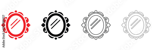 oval mirror frame icon symbol, ornate decorative design photo frame vector, silhouette and line art