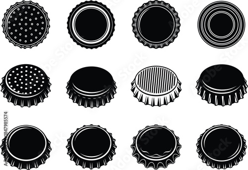 Collection of Twelve Different Bottle Cap Icons in Black and White, Featuring Various Angles and Textured Designs for Beverage and Packaging Concepts.