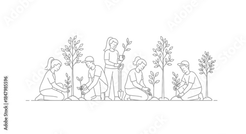 Group of Individuals Actively Planting Trees Together to Promote Sustainability and Environmental Care
