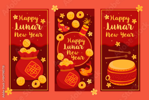 Design of festive money envelopes for Lunar New Year, Chinese New Year. Lucky money bag, drum, gold coins on red festive background.