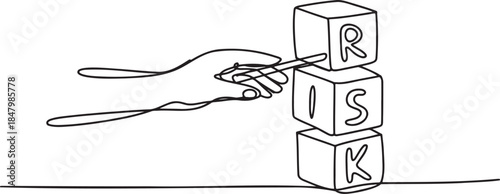 Continuous line drawing of hand stacking wooden blocks spelling the word risk challenge concept