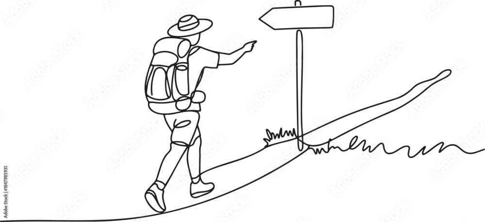 Fototapeta premium Continuous one line drawing of a backpacker hiker pointing at a trail signpost on an outdoor trekking path illustration