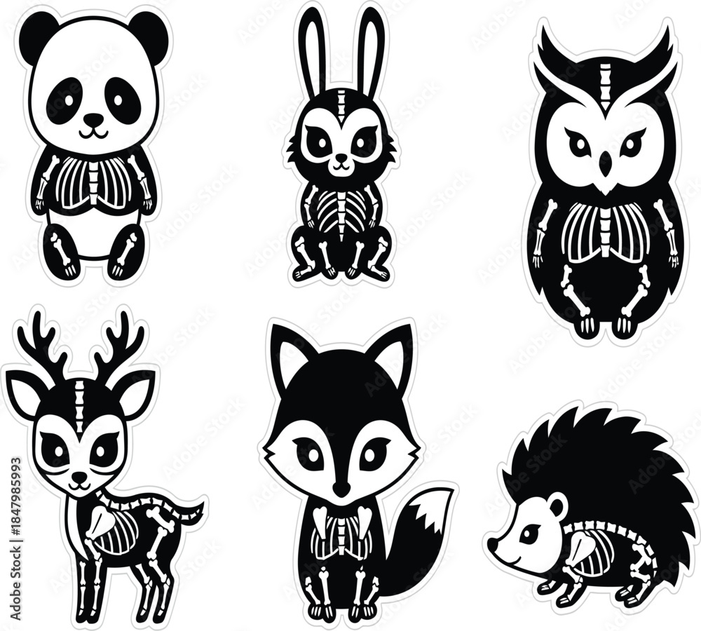Obraz premium a charming collection of stylized animal illustrations featuring skeletal elements for a slightly spooky yet cute aesthetic