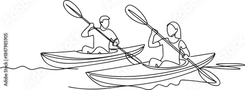 Continuous line drawing of two people man and woman kayaking on water enjoying summer sport and nature adventure