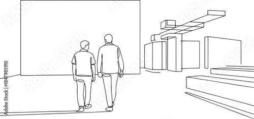 Continuous line drawing of two men viewing abstract architectural structures or artwork in a modern gallery interior exhibition space
