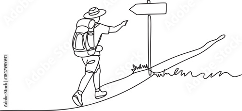 Continuous one line drawing of a backpacker hiker pointing at a trail signpost on an outdoor trekking path illustration