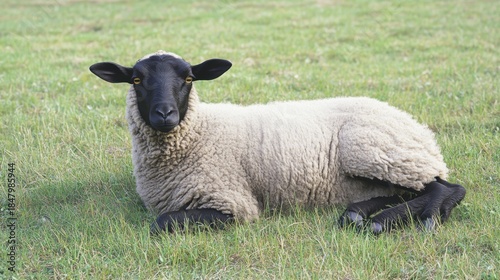 Black faced sheep resting on green grass