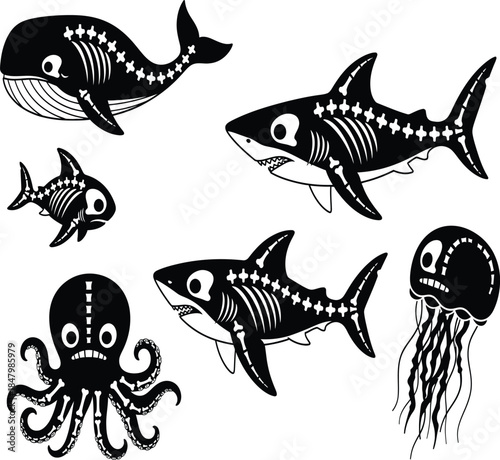 A striking black and white illustration depicting a variety of marine life including whales sharks jellyfish and an octopus