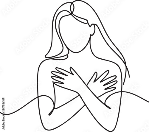 Continuous single line drawing of woman embracing herself self love and body positivity concept