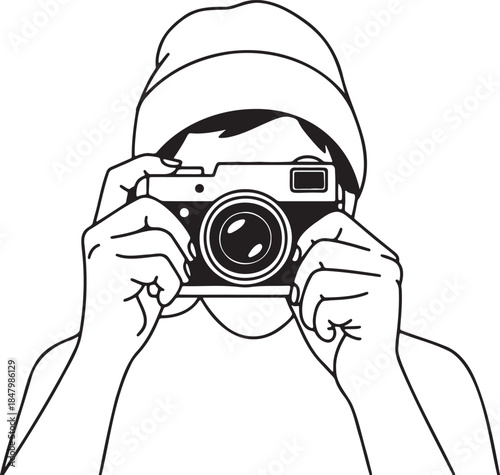 Minimalist illustration of person holding film camera focusing on capturing moment professional photography equipment