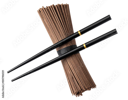 Minimalist View of Soba Noodles Wrapped Around Chopsticks, Vertical Composition, isolated on transparent background
