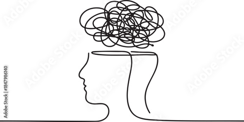 Simple continuous line drawing illustration of side profile head with tangled lines symbolizing stress confusion or mental illness