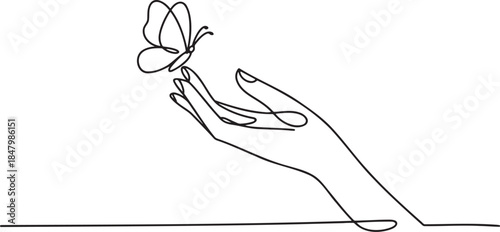 Elegant continuous one line drawing of gentle hand holding delicate butterfly symbolizing freedom nature and ecological care