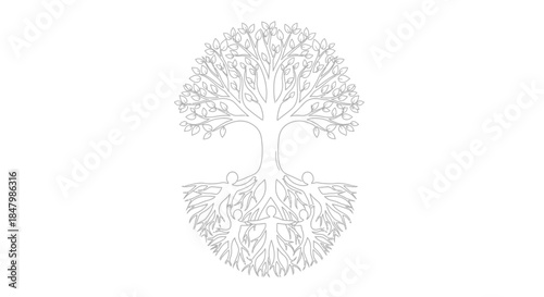 Intricate Tree Design Representing Growth and Connection with Roots and Branches in Symmetrical Outline