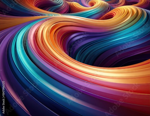 Abstract Swirling Ribbons of Vibrant Colors with Metallic Sheen Creating a Dynamic Flowing Texture