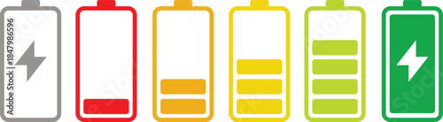 Battery level indicators. Colorful battery charge level icons. Battery power level pictograms in outline style