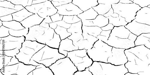 High-contrast black and white cracked earth texture with dry soil plates and sharp fissures. Ideal for drought, climate change, environmental damage, abstract backgrounds, and minimal graphic design p