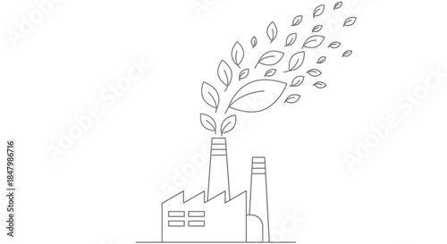 Industrial Factory Emitting Stylized Leaves from Smokestack Symbolizing Eco-Friendly Practices