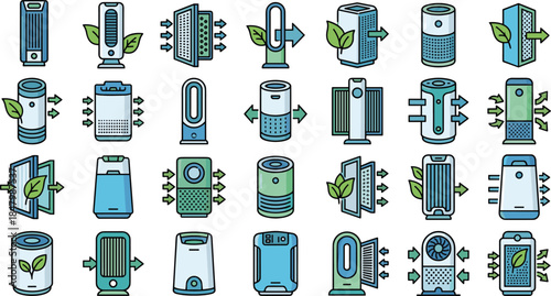 Colorful cartoon grid of 25 air purifier icons, showing airflow, clean air, filtration styles, and modern appliance design variety
