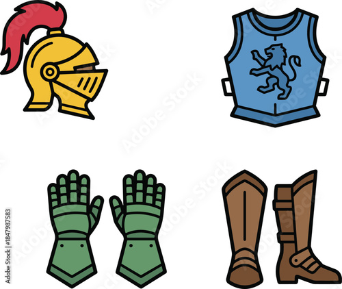 Colorful cartoon illustration of medieval armor pieces, including helmet, chestplate, gauntlets, greaves, boots, for knight protection and history