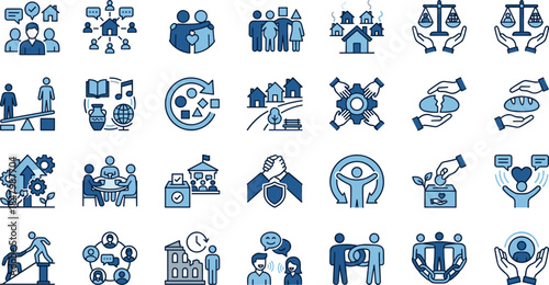 Community icons, social values, civic engagement, equity visuals, support system, education, justice, housing, teamwork, charity, leadership, communication, diversity, family, care