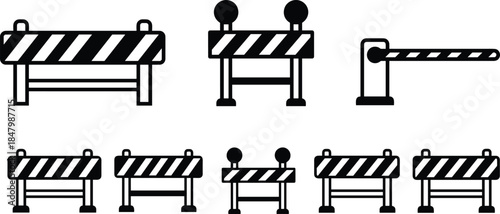 Construction barrier icons, traffic control symbols, roadblock vector set, safety barricade illustration, checkpoint gate graphics, black and white signage