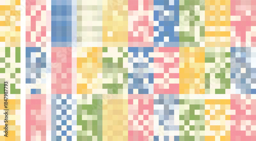 Pastel pixel art quilt blocks fabric swatch for digital art and graphic design