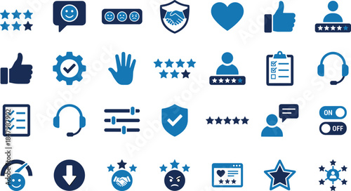 Customer feedback icons, service quality vector, user experience symbols, satisfaction rating graphics, support tools, blue tone design, communication elements, review system illustration