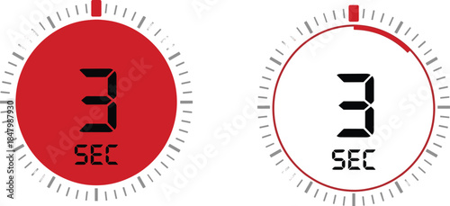 Countdown timer icons, digital stopwatch design, time tracking graphics, 3 second display, red and white interface, vector set, urgency symbol
