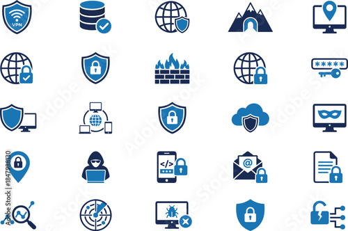 Cybersecurity icons, digital protection, secure network, VPN, firewall, encryption, hacker, malware, shield, lock, cloud, password, server, phishing, secure coding, mobile security