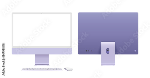 Computer monitor device with keyboard and mouse, desktop pc blank screen mockup template in purple color. Vector illustration