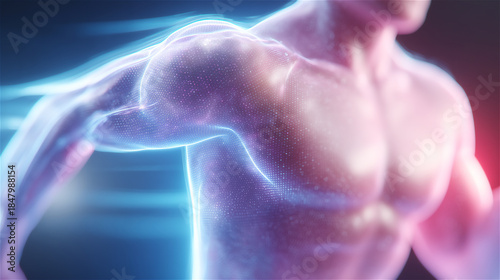 Abstract 3D illustration of a human torso with glowing digital lines, futuristic medical technology concept for health data, anatomy, innovation, and science background.