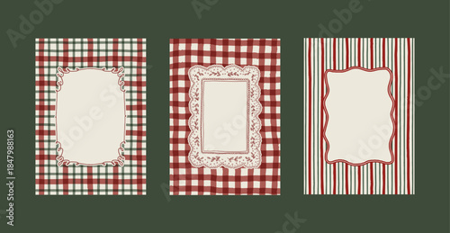 Vintage Christmas lace frames collection on tartan charming background. Retro hand drawn cozy retro winter holiday borders clipart set. Vintage Christmas ornate empty frame template design. Blank card