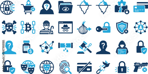 Cybersecurity icons, digital threat, privacy, hacker, malware, encryption, phishing, fraud, surveillance, blockchain, identity theft, protection, breach