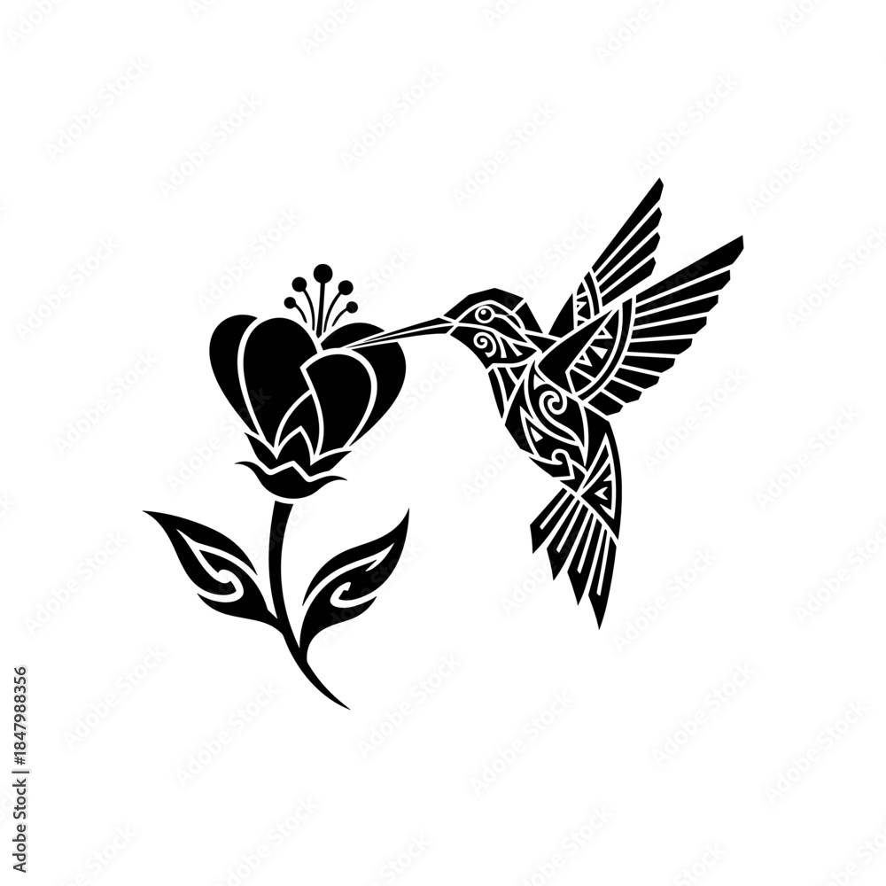 Obraz premium Hummingbird feeding on heart-shaped flower with geometric design 