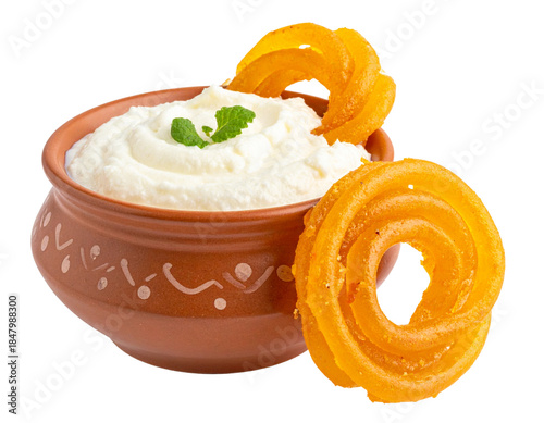Fresh Jalebi and Rabri Pairing, Side Angle View, Rustic Bowl