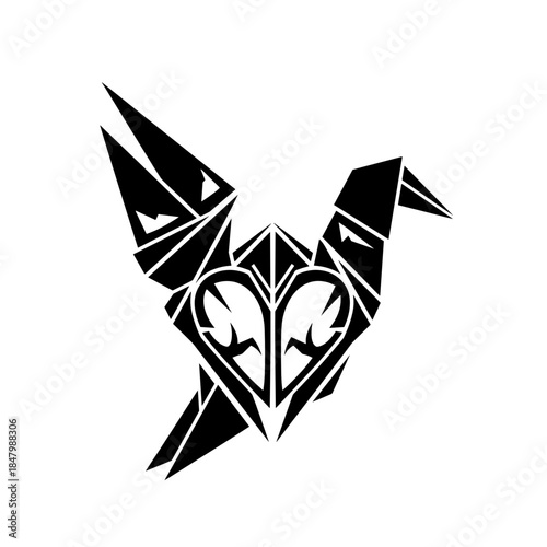 Geometric origami bird with heart details in modern black style  