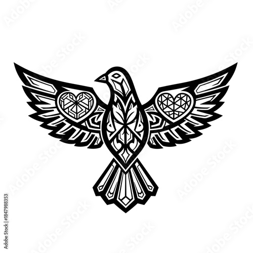 Geometric dove with tessellated heart details in black outline  