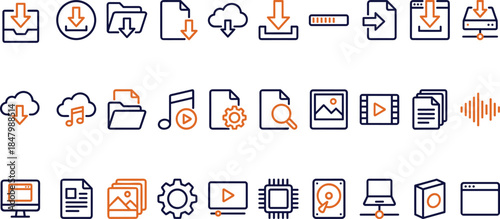 Digital icons, cloud storage, file management, media symbols, upload download, folder system, tech interface, minimal design, blue orange, computing elements, vector pack