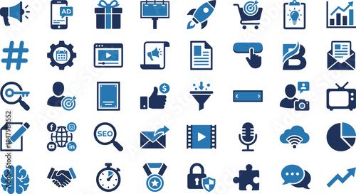 Digital marketing icons, media tools, communication symbols, business analytics, SEO graphics, online strategy, social engagement, blue theme, branding 