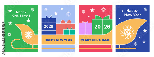 Merry Christmas and Happy New Year 2026 .Set of vector illustrations for background, greeting card, party invitation card, website banner, social media banner, marketing material.