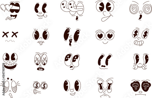 Set of expressive cartoon emoji faces featuring happy smiles, sad moods, crying emotions, and excited reactions. Playful googly eyes and plasticine-style mouths create a fun, modern mascot look. Isola